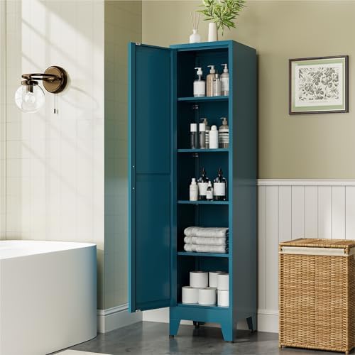 COFaR 67" Metal Narrow Storage Cabinet, Peacock Blue Slim Storage Cabinet with Magnetic Door & 4 Adjustable Shelves, Slim Freestanding Cupboard for Bathroom, Kitchen by COFAR