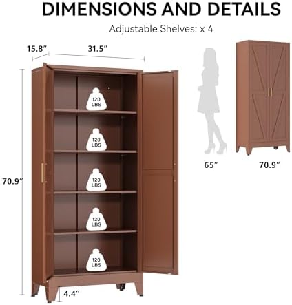 COFaR 71" Metal Pantry Cabinet in Brown, 5-Tier Storage with Adjustable Shelves, Metal-Tone Cupboard for Kitchen, Office & Living Room Organization - Image 2