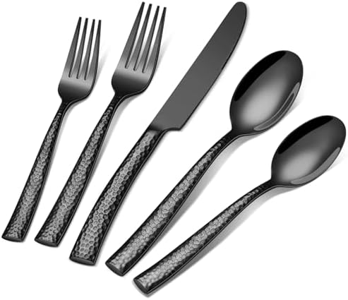20-Piece Black Silverware Set, Ollex Stainless Steel Hammered Flatware Cutlery Set for 4, Mirror Polished Kitchen Utensils included Black Knives Spoons and Forks Set Dishwasher Safe by OllexSilverwareSets