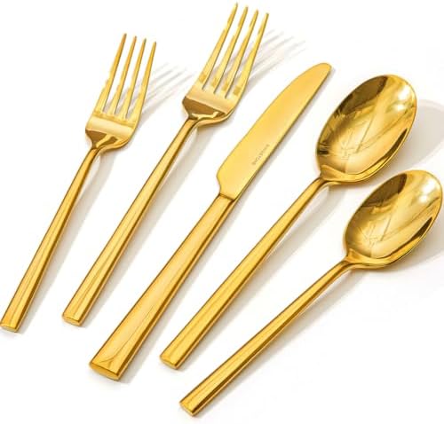 Gold Silverware Set for 4, 20-Piece Stainless Steel Flatware Cutlery Set by KINGSTONE