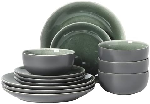 Gibson Elite Pine Coast Plates and Bowls Sets, 12-Piece Stoneware Dinnerware Sets, Reactive Glaze Dish Set - Green by GibsonHomewares