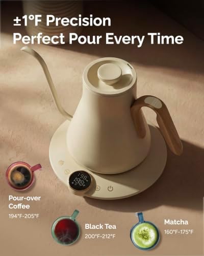 INTASTING Gooseneck Electric Kettle, ±1℉ Temperature Control, Stainless Steel Inner, Quick Heating, for Pour Over Coffee, Brew Tea, Boil Hot Water, 1500W/0.9L (Morandi White) - Image 3