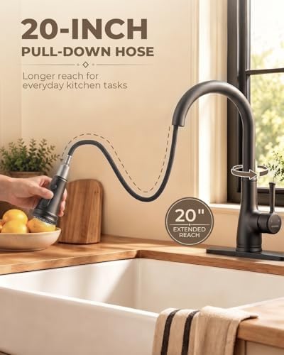 WEWE Vintage Kitchen Faucet, Pull-Down Sprayer, Matte Black, High Arc - Image 2