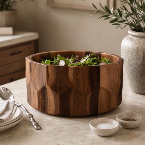 Arthur Court Large Diamond Pattern Acacia Wood Salad Serving Bowl - Modern Centerpiece for Fruits or Salads - 12" Diameter 6" Tall - Image 2
