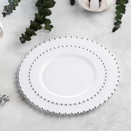 PLASTICPRO 128 Piece Combo Plastic Dinner Plates Disposable Plastic Fancy Heavy Duty Party Dishes 7 inch and 10 inch, White and Silver Beaded - Image 2