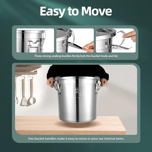 DYNAMI 5.5Gal 304 Stainless Steel Airtight Container with Lid and Locking Clamp,17-38Lbs Metal Bucket Stainless Steel Drum Large Canister for Kitchen,Dog Food/Bird Seed/Coffee Storage Container(21L) - Image 5