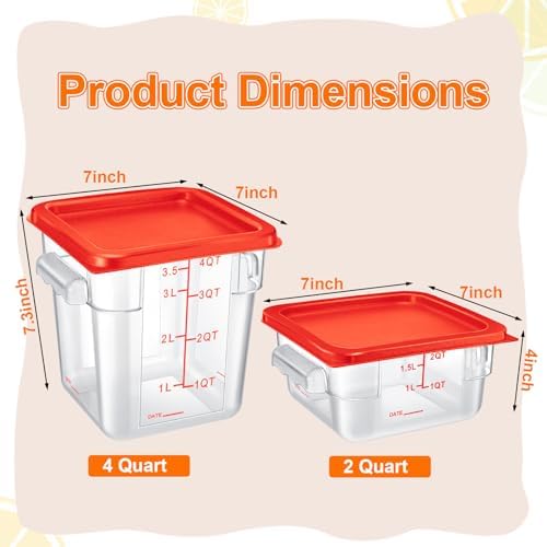 Suclain 8 Pcs Food Storage Container with Lids Set 2qt and 4qt Square Clear Commercial Containers with Scales Handles for Home Restaurant Kitchen Food Storage, Marinating Meat, Proof Dough (Red) - Image 2
