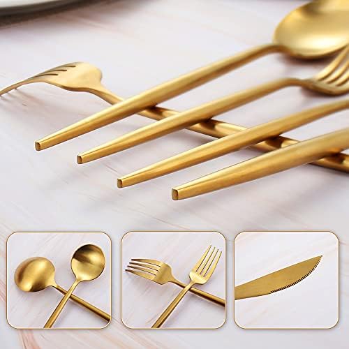 Matte Gold Silverware Set, IBIILII JEFF 40 Pieces Stainless Steel Flatware Set，Kitchen Utensil Set, Tableware Cutlery Set, Knife Spoons And Forks Set, Satin Finished Polished & Dishwasher Safe - Image 4