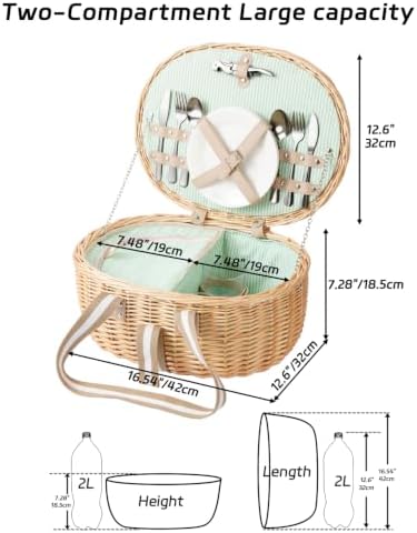 Picnic Basket for 2, Insulated Willow Hamper Set, Natural - Image 5