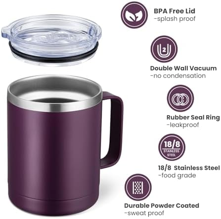 MEWAY 12oz Coffee Mug With Handle 2 Pack Bulk,Stainless Steel Insulated Travel Tumblers With Sliding Lid,Double Wall Vacuum Camping Cup for Hot & Cold Drinks Tea (Forest Green&Plum,Set of 2) - Image 3