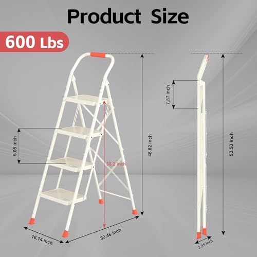 Step Ladder Foldable Folding Stool - for Home Adults Kitchen 4 Stepping Extension Tall Heavy Duty with Handrails - Closet Stepstool Stair Ladders Extendable Stepladder for Indoor House 600Lbs - Image 6