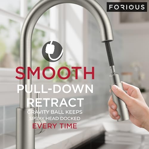 FORIOUS Kitchen Faucet, 2-Mode Pull Down Sprayer, Classic Stainless Steel - Image 4