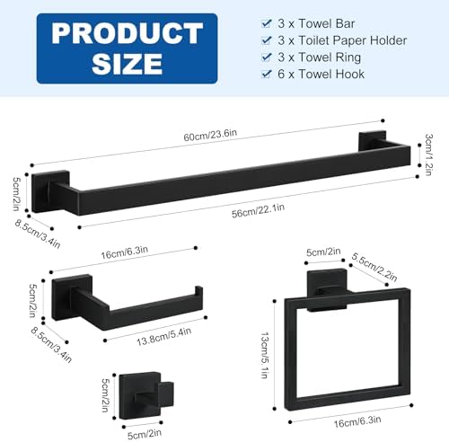 Cilee 10-Pieces Matte Black Bathroom Hardware Set, 24 inch Towel Bar Set - Image 2