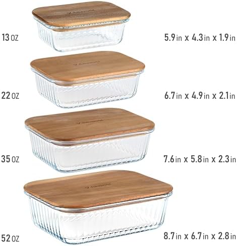 Ribbed Glass 4 Stackable Meal Prep Containers with Acacia Lids - Image 2