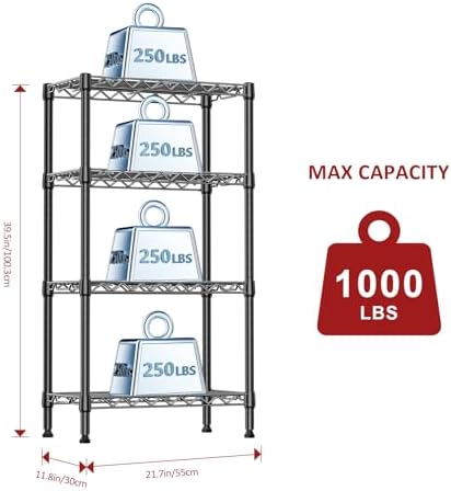 IZEUK 4 Tier Steel Storage Shelves, Heavy Duty Metal Shelf Wire Shelving Rack for Pantry, Kitchen, Living Room, or Office Organization (11.8" D x 21.7" W x 39.5" H, 1000LBS, Black) - Image 3