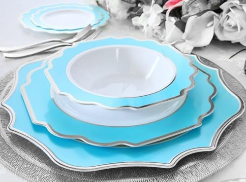 OCCASIONS Disposable Plastic Plates for 80 Guests (Imperial Blue & Silver) - Image 2