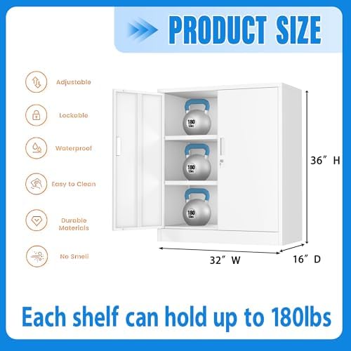 BESFUR Metal Storage Cabinet with Lock and 2 Adjustable Shelves, 36" H Lockable Storage Cabinet for Home, Office, Garage, Utility Room and Basement(White) - Image 3
