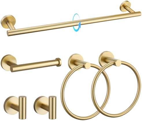 TQKAG Brushed Gold Bathroom Hardware Set 6-Piece Bathroom Accessory Set 23.6 Inch Round Stainless Steel Towel Bar Set Wall Mounted by TQKAG