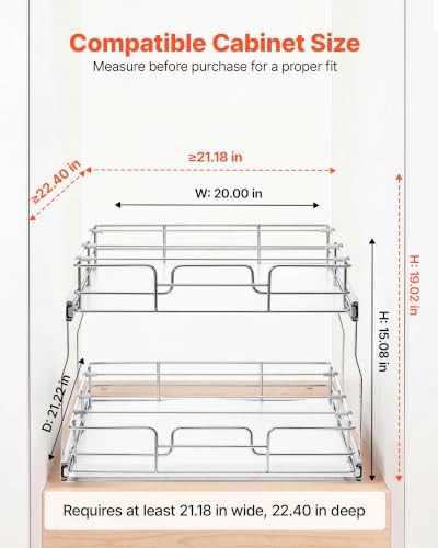 VEVOR 2 Tier Pull Out Cabinet Organizer 20" W x 21.22" D Slide Out Drawers - Image 2