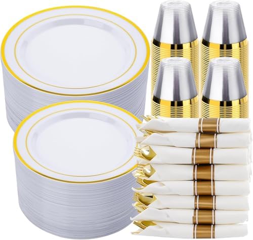 realluck 350 PCS White and Gold Plastic Dinnerware Set for 50 Guests, 100 Disposable Plates for Party, 50 Pre Rolled Napkins with Gold Silverware, 50 Cups by Realluck