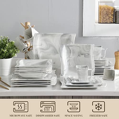 MALACASA Plates and Bowls Sets, 30 Piece Porcelain Dinnerware Sets for 6, Square Dinnerware Set with Dinner Plate, Dessert Plate, Soup Plate, Cup and Saucer, Modern Dish Set, Marble Grey, Series Flora - Image 4