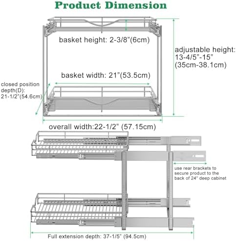 DINDON Pull Out Cabinet Organizer (22-1/2" W x 21-1/2"D), Cabinet Pull Out Shelves, 2 Tier Pull Out Drawers for Kitchen Cabinets, Wire Basket Slide Out Shelf, Pot and Pan Organizer - Image 5
