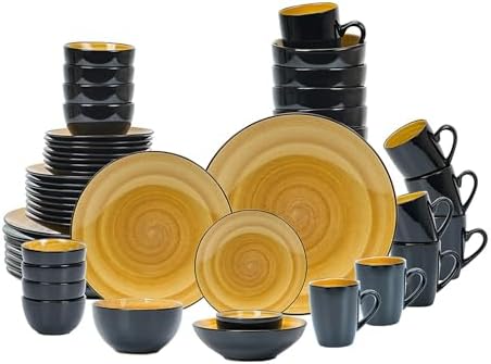 HomeVss, Stoneware Sonoma Dinnerware Set, Black + Speckled Spin Wash (56pc Set, Yellow) by HomeVSS