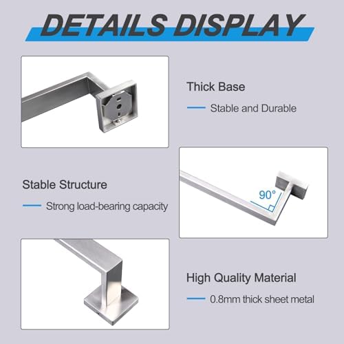 Bath Towel Bar, 24-Inch Towel Racks, Square Thicken Towel Holder, Wall Mounted Shower Towel Rail Hanger, Stainless Steel,Bathroom Accessories (Brushed Nickel, 2 Pack) - Image 6