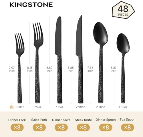 48 Pcs Black Hammered Silverware Set with Steak Knives for 8, 18/10 Steel - Image 2