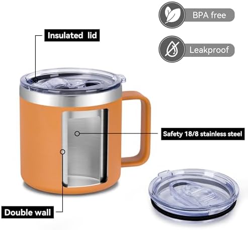 VEGOND 14 oz Insulated Coffee Mug Bulk with Handle, Stainless Steel Travel Coffee Mug with Lid, Double Wall Vacuum Metal Coffee Cup, Coffee Tumbler Powder Coated, Orange 4 Pack - Image 4