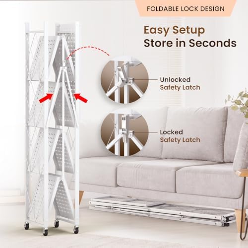 Our Modern Space 5-Tier Foldable Storage Shelf with Wheels | Metal Rack Collapsible Shelving Display | Rolling Cart for Books Kitchen Storage Shelves | Pantry & Closet Organizer | Office Room Decor - Image 4