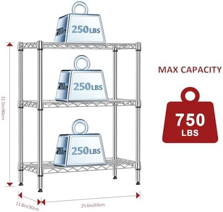 IZEUK 3 Tier Heavy Duty Steel Storage Shelves, Metal Shelf Wire Shelving Rack for Pantry, Kitchen, Cloakroom or Office Organization (11.8" D x 25.6" W x 31.5" H, 750LBS, Chrome) - Image 3