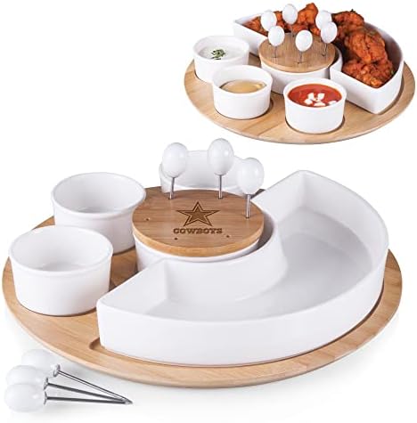 PICNIC TIME NFL Symphony Appetizer Serving Tray Set, Party Platter Set, Appetizer Plate, (Bamboo & White Ceramic) - Image 2