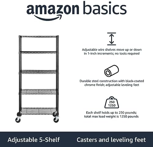 Amazon Basics 5-Shelf Heavy Duty Garage Shelving Storage Rack with 4" Wheel Casters, Adjustable Metal Wire Organizer, 300 lbs Per Shelf, 30" x 14" x 64.75", Black - Image 2