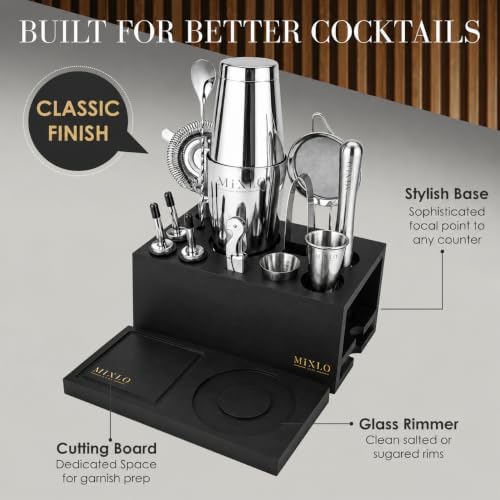 Mixology Bartender Kit -15Pcs Bar Set Cocktail Shaker Set w Black Bar Cart Accessories Stand - Shakers Bartending Silver Tools, 24oz Shaker, 17 Recipe Cards, Martini Barware - Image 2