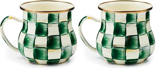 MACKENZIE-CHILDS Enamel Mug, Cute Enamelware Tea or Coffee Mug, 16 Ounces, Green-and-White Emerald Check (Pack of 2) by MacKenzie-Childs