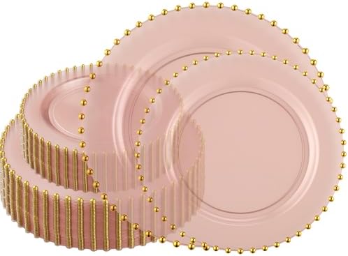 PLASTICPRO 128 Piece Combo Plastic Dinner Plates Disposable Plastic Fancy Heavy Duty Party Dishes 7 inch and 10 inch, Translucent Rose and Gold Beaded by PLASTICPRO