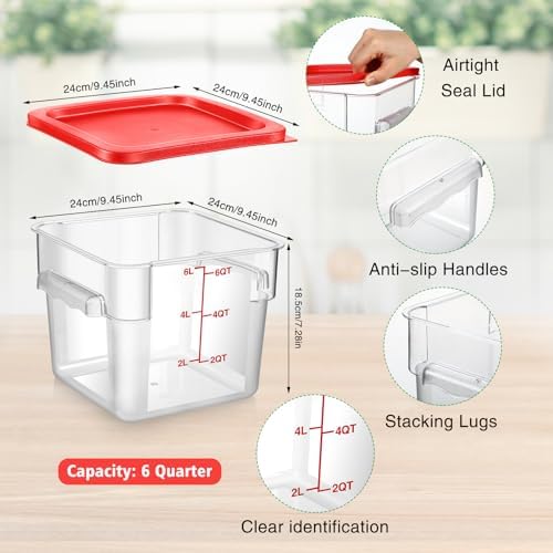 Suclain 2 Pcs Square Clear Food Storage Container with Lid, Red, 6 Qt - Image 2