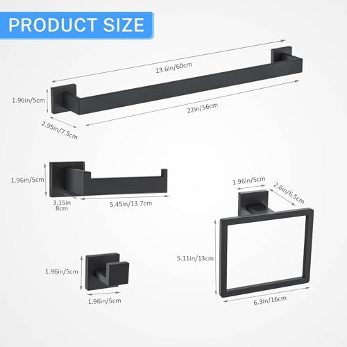 10-Piece Matte Black Bathroom Hardware Accessories Set Black Towel Bar Set Towel Holder Set Stainless Steel Wall-Mounted Towel Rack Set for Bathroom,23.6 Inch Towel Rails - Image 6