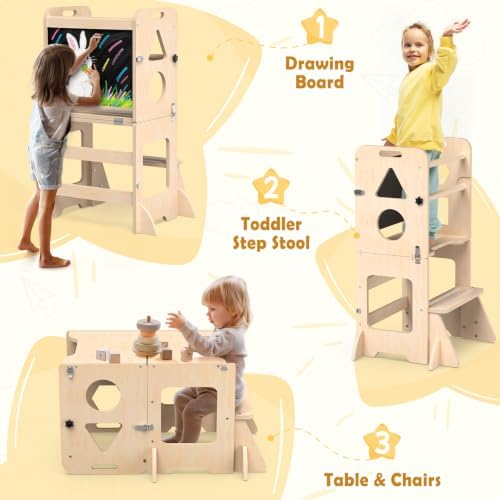 Toddler Standing Tower Anti-Tip Wooden Kitchen Step Stool，Nature - Image 3