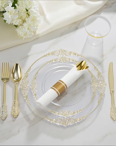 Goodluck 350 Piece Clear Gold Plastic Dinnerware Set for 50 Guests - Image 3