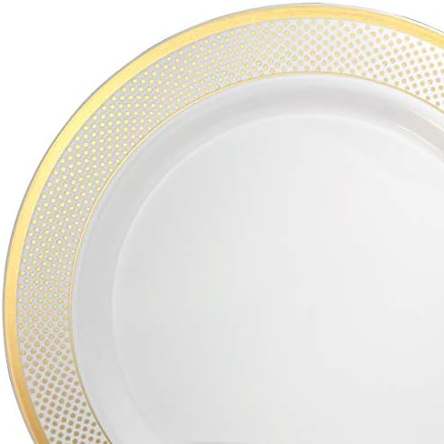 OCCASIONS 100 Plates Pack,(50 Guests) Heavyweight Premium Wedding Party Disposable Plastic Plates Set -50 x 10.5'' Dinner + 50 x 7.5'' Salad/Dessert (Sundance White & Gold Rim) - Image 2