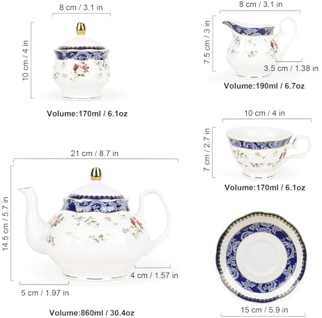 fanquare 21-Piece Blue Lace and Roses Bone China Tea Sets for Adults - Image 6