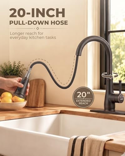 WEWE Vintage Kitchen Faucet, Pull-Down Sprayer, Oil Rubbed Bronze, High Arc - Image 2