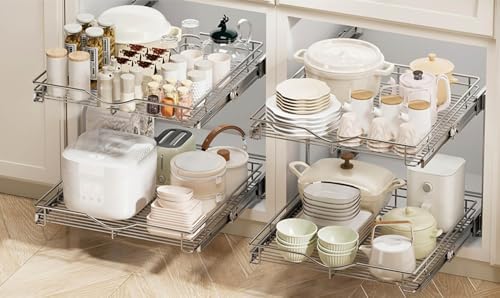 DINDON 2 Tier Pull Out Cabinet Organizer (17" W X 21" D), Double Tier Wire Basket Slide Out Shelf Storage for Kitchen Base Cabinet, Chrome Finish - Image 5