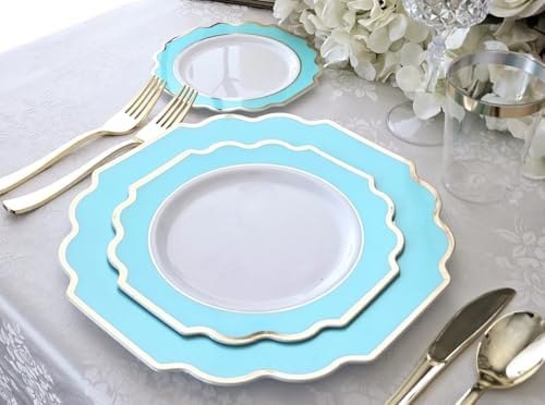 OCCASIONS Disposable Plastic Plates for 80 Guests (Imperial Aqua & Gold) - Image 6