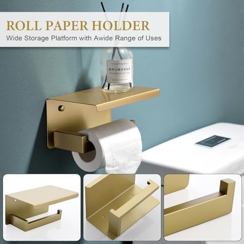 6-Piece Bathroom Hardware Set 23.6 Inch Gold Towel Bar Set Double Towel Bar Towel Ring Coat Hook and Toilet Paper Holder with Shelf Wall Mounted Stainless Steel Bathroom Accessories Set - Image 3