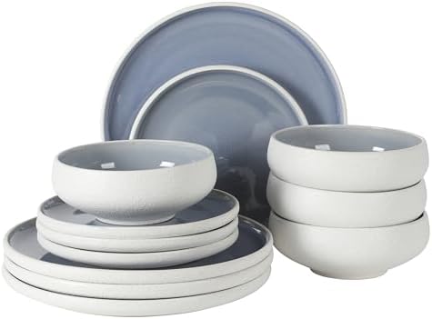 Gibson Elite Pacifco Beach Plates and Bowls Sets, 12-Piece Stoneware Dinnerware Sets, Reactive Glaze Dish Set - Blue by GibsonHomewares