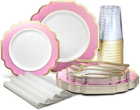 " OCCASIONS " 960 Piece set (120 Guests)-Heavyweight Wedding Party Disposable Plastic Plate Set - 120 x 10.5'' + 120 x 8'' + Silverware + Cups + Napkins (Imperial in Rose Pink & Gold) by OCCASIONSFINESTPLASTICTABLEWARE