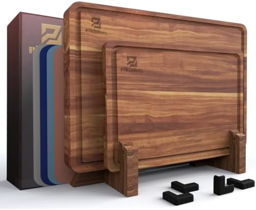 Piklohas Large Acacia Wood Cutting Board Set for Kitchen with Storage Stand by Piklohas